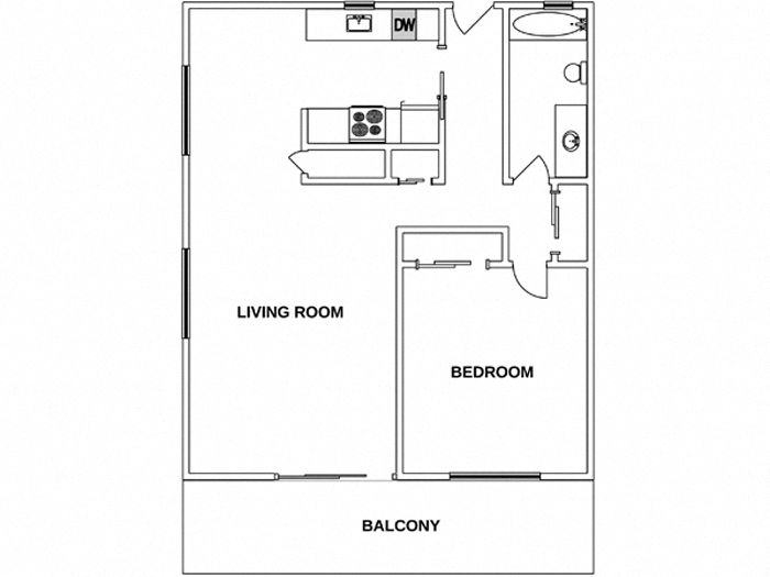 Floor plan for 1 bed, 1 bath, 790 sqft